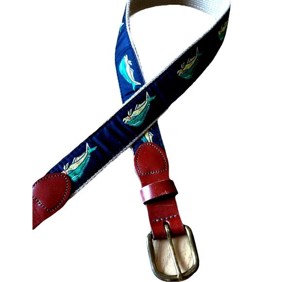 Leather Man LTD Canvas Belt Mens 32 Fish Mahi Blue Dolphin Brass Buckle USA Dad - Picture 1 of 12